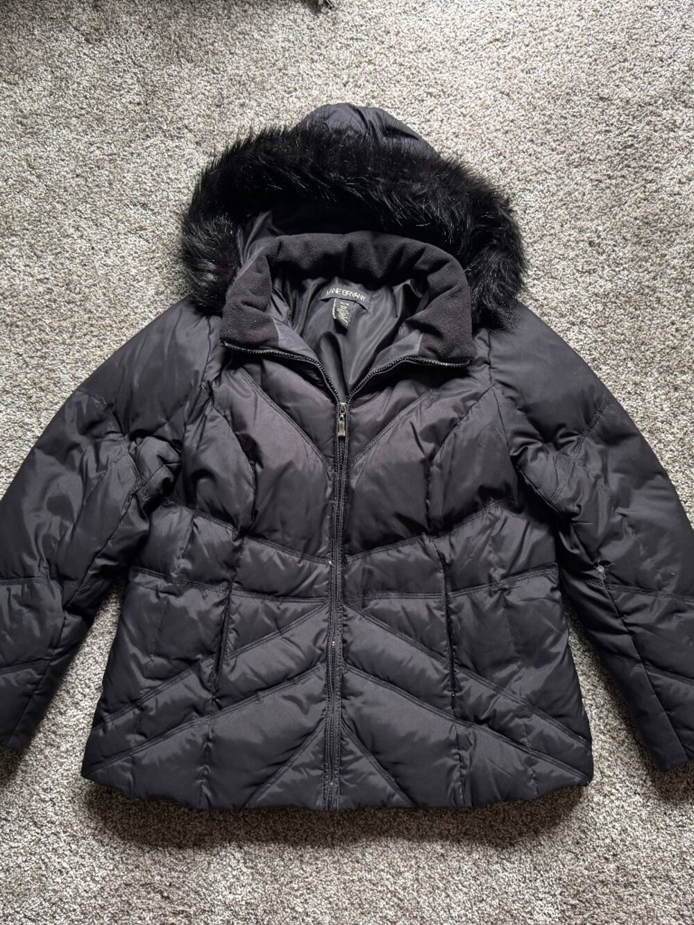 Lane Bryant Women's Black Hooded Puffer Coat with Faux Fur Trim  Size 14/16
